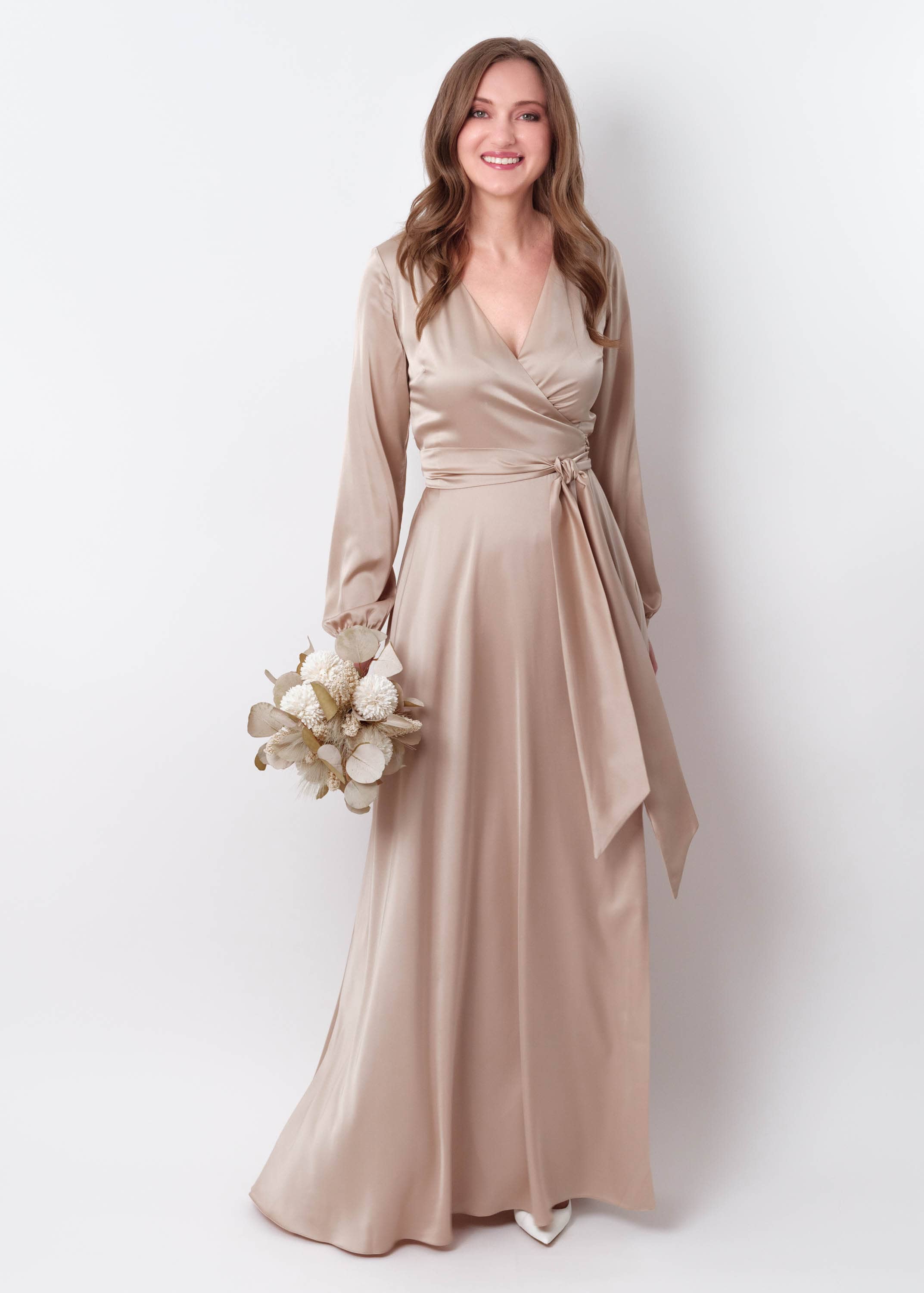 champagne silk wrap dress Flowing Champagne Satin Wrap Dress In Cinnamon
