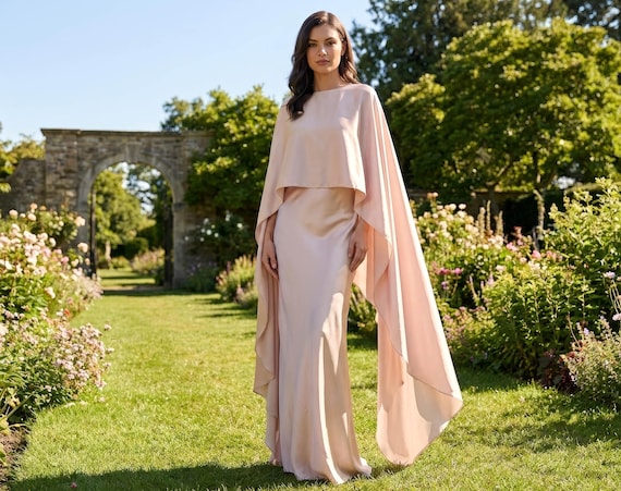 cape dress bridesmaid Light Champagne Silk & Detachable Cape: Luxury Formal Gown, Wedding Guest, Bridesmaids, Special Occasion, Custom Made A modular attachment that Chest and Nightstand KissProm A-Line Chiffon Bridesmaid Color:C2-TURQ