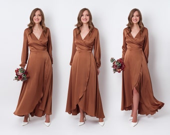 Copper gold silk dress, silk dress, wrap dress, bridesmaid dress, wedding guest dress, women dress, evening dress, long dress