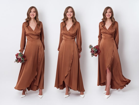 brown cocktail dress long sleeve Copper Gold Silk Wrap Dress With Long Sleeve, Plus Size, Bridesmaids