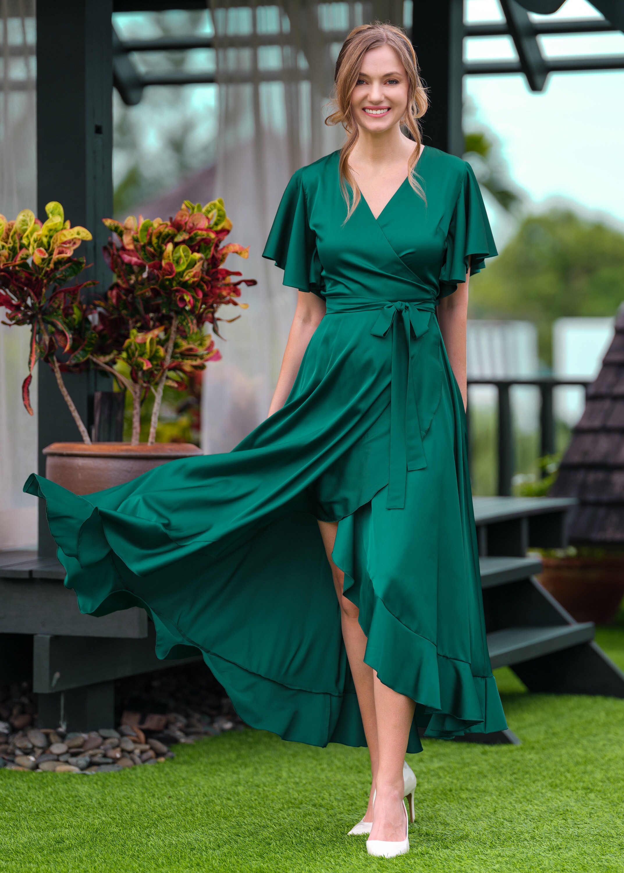Wrap Dress Green Satin Dress Plt Emerald Green Silk Dress, Silk Dress, Wrap  Dress, Bridesmaid Dress