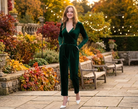 Tuta Elegante In Velluto Per Donna – Maniche Lunghe, Scollo A V, Gamba Larga, Adatta A Tutte Le Stagioni, Taglie S-2XL