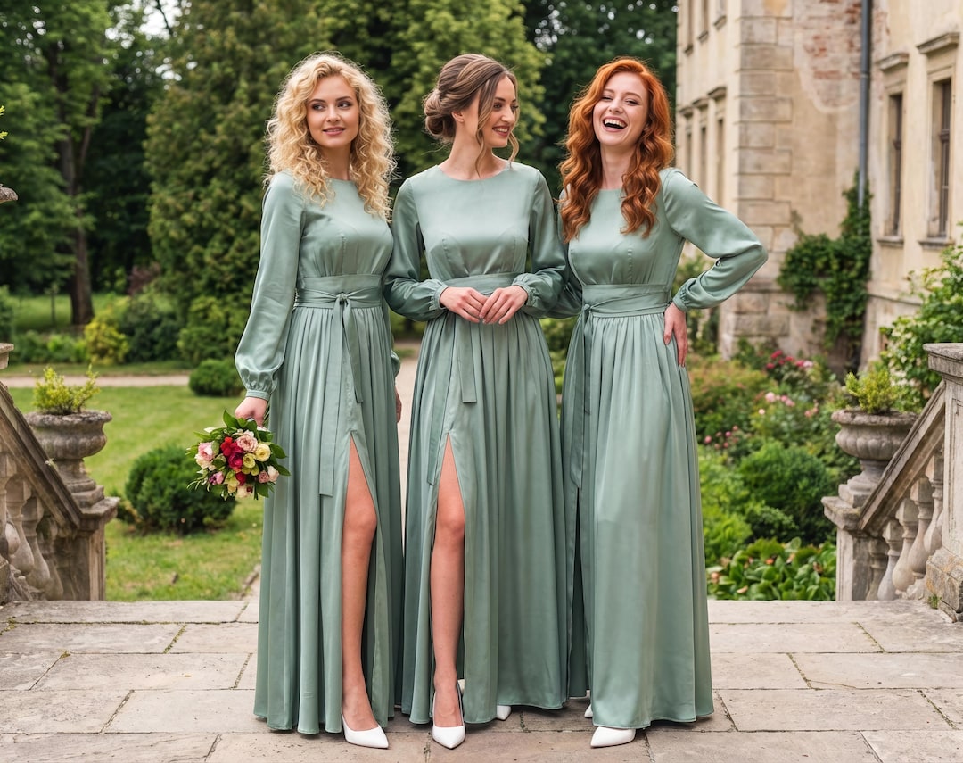 Sage green silk dress with belt, long slit dress, bridesmaid dress, wedding guest dress, maxi dress, evening dress, formal dress