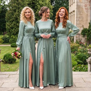Sage green silk dress with belt, long slit dress, bridesmaid dress, wedding guest dress, maxi dress, evening dress, formal dress