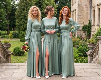 Sage green silk dress with belt, long slit dress, bridesmaid dress, wedding guest dress, maxi dress, evening dress, formal dress