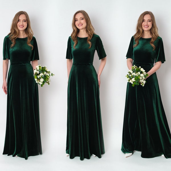 Emerald green velvet long dress, bridesmaid velvet dress, wedding guest dress, velvet gown, velvet slit dress, maxi dress, evening dress