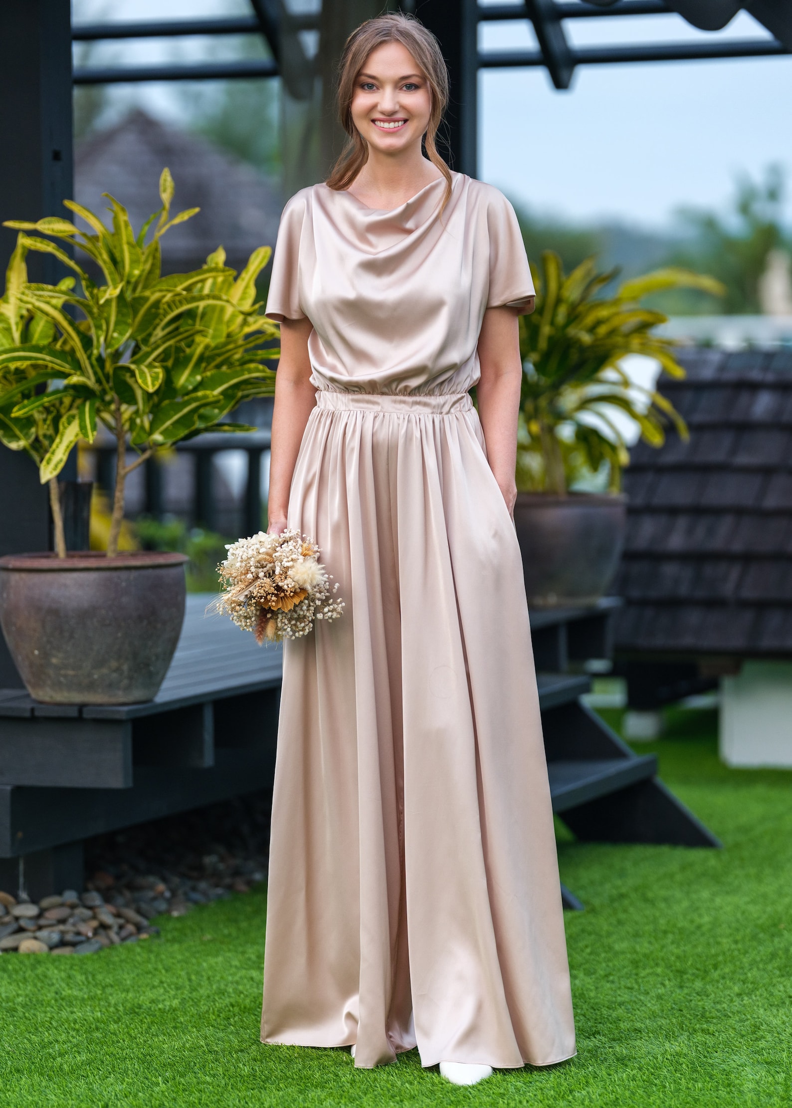 Champagne Beige Silk Jumpsuit, Silk Jumpsuit, Bridesmaid Jumpsuit