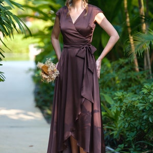 Chocolate brown silk dress, silk dress, wrap dress, bridesmaid dress, wedding guest dress, women dress, evening dress, long dress image 3