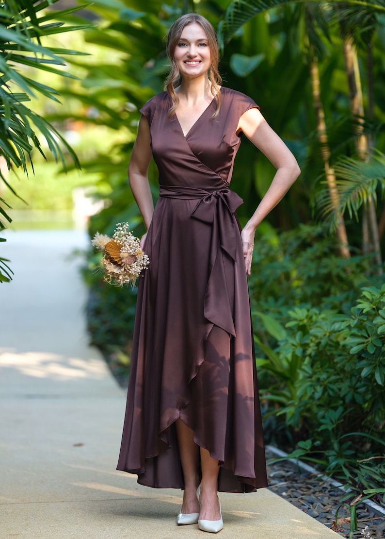 Chocolate brown silk dress, silk dress, wrap dress, bridesmaid dress, wedding guest dress, women dress, evening dress, long dress image 3