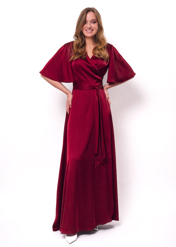 burgundy silk wrap dress The Wine Red V Neck Mesh Wrap Maxi Dress main image 0