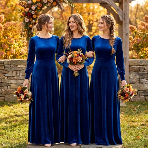 Royal Blue Velvet Maxi Dress: Elegant Long Sleeve Gown, Fall Wedding Guest, Modest Bridesmaid