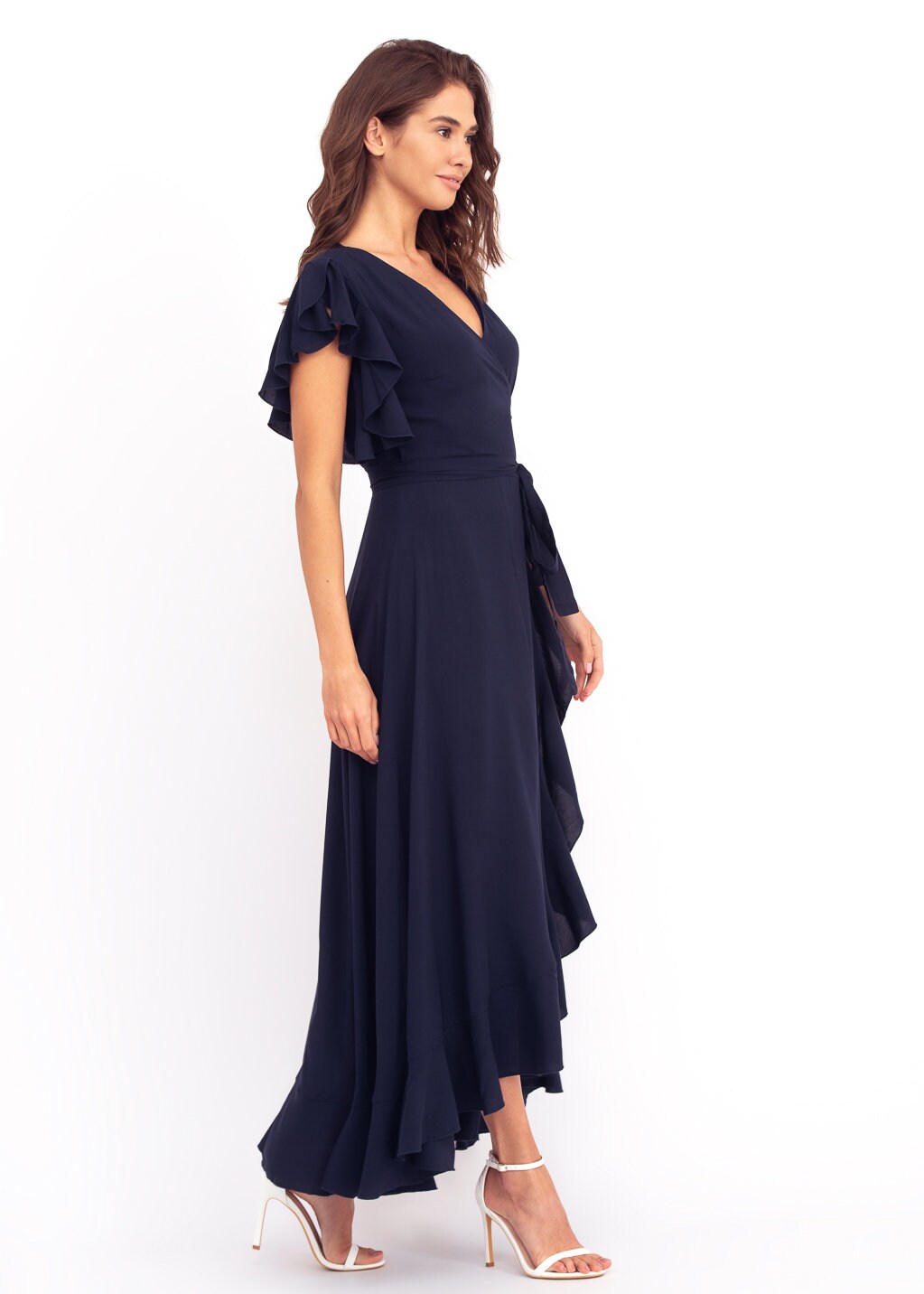 Navy blue wrap around dress, maxi dress, long dress, wedding guest dress, formal short sleeves dress, evening dress, blue elegant dress