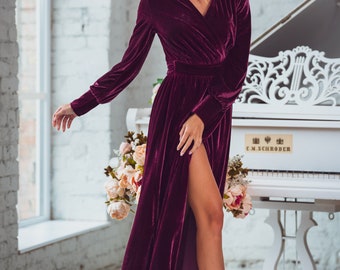 velvet wrap dress burgundy Dusty Rose Velvet Wrap Dress: long sleeve and floor-length, Christmas or Holiday Parties, Fall, Winter Weddings & Special Occasions Gown