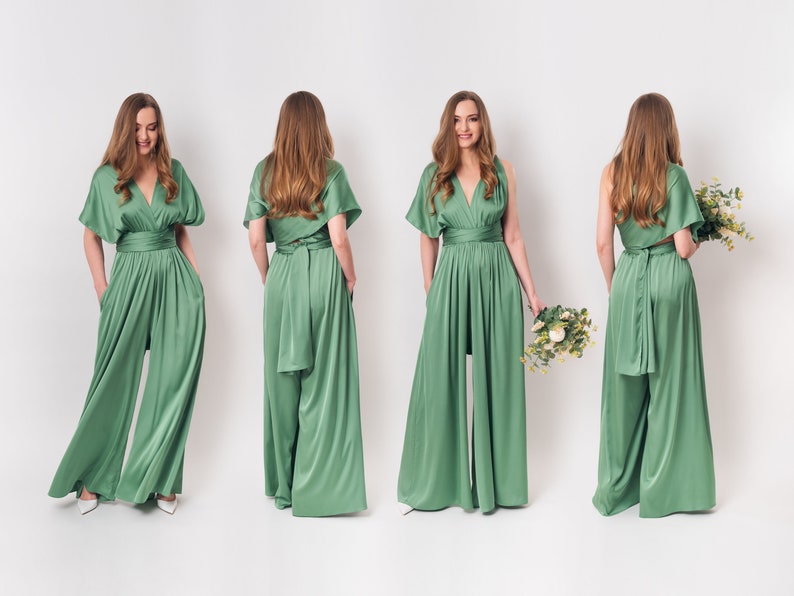 Dark green infinity jumpsuit, silk jumpsuit, bridesmaid jumpsuit, multi wrap multiway convertible jumpsuit, bridesmaid dress image 9