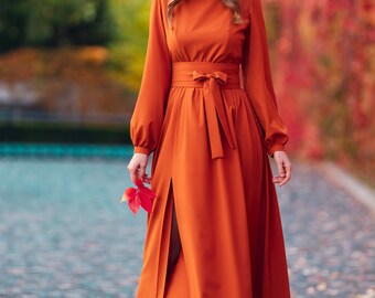 knee length dresses for ladies Ivy Long Sleeve Tie Front Maxi Dress - Rust - Buy Women's Dresses