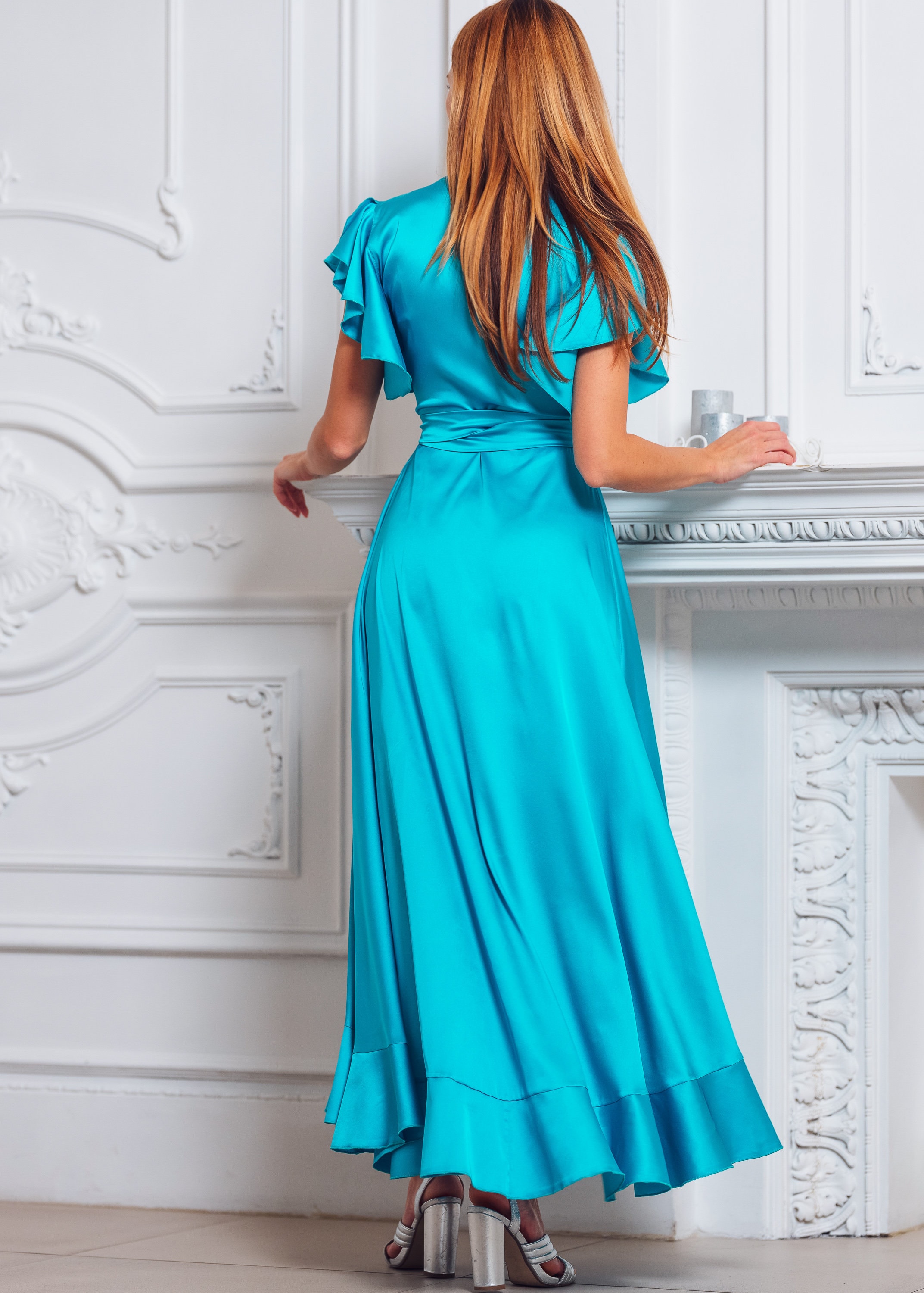 JS COLLECTIONS FAUX WRAP BONDED SATIN NAVY/TURQUOISE GOWN DRESS sz