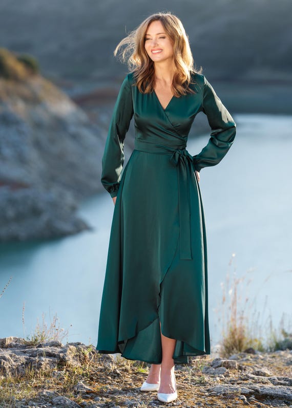 Silk dress | Dark green wrap dress | Bridesmaids dress | Wedding guest dress | Long-sleeve dress | Formal dress | Plus size dress,Prom dress