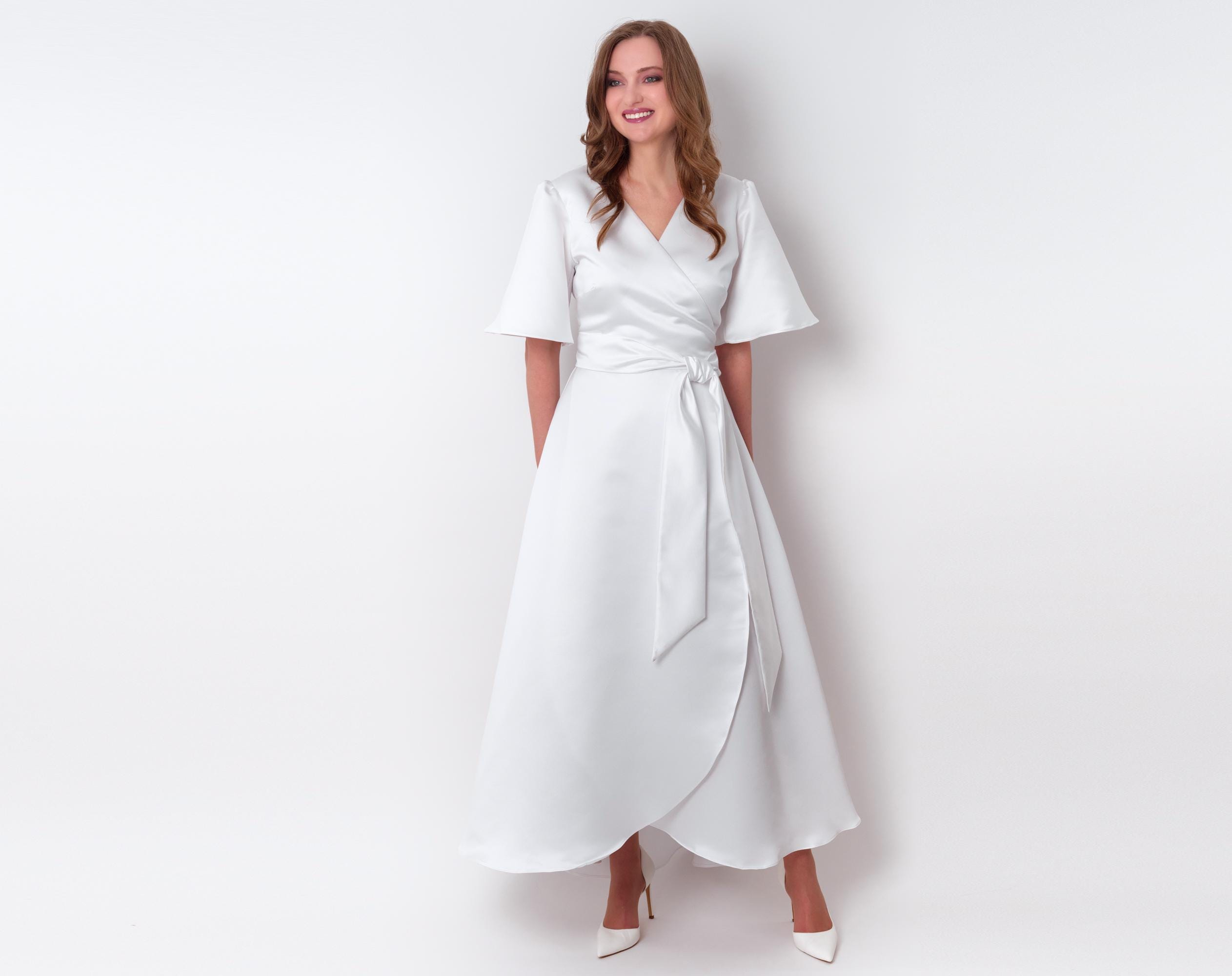 white wrap bridesmaid dress Satin Dress, Satin Wrap Dress, Simple Wedding Dress, Dress, Wedding Guest Dress, Evening Dress, Formal Dress long elegant white bridesmaid dresses