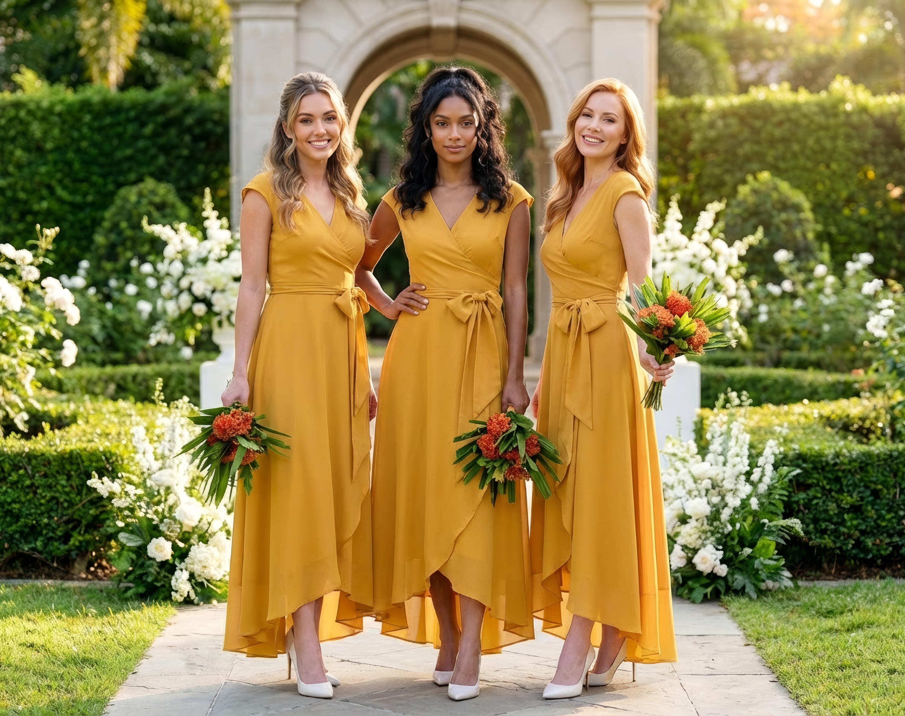 Gold Chiffon Wrap Bridesmaid Dress, Wedding Guest, Formal Evening Gown