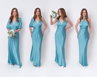 Infinity jurk, stoffige blauwe zijden jurk, bruidsmeisjesjurk, zijden jurk, multi-wrap jurk, converteerbare jurk, meerwegjurk, lange jurk