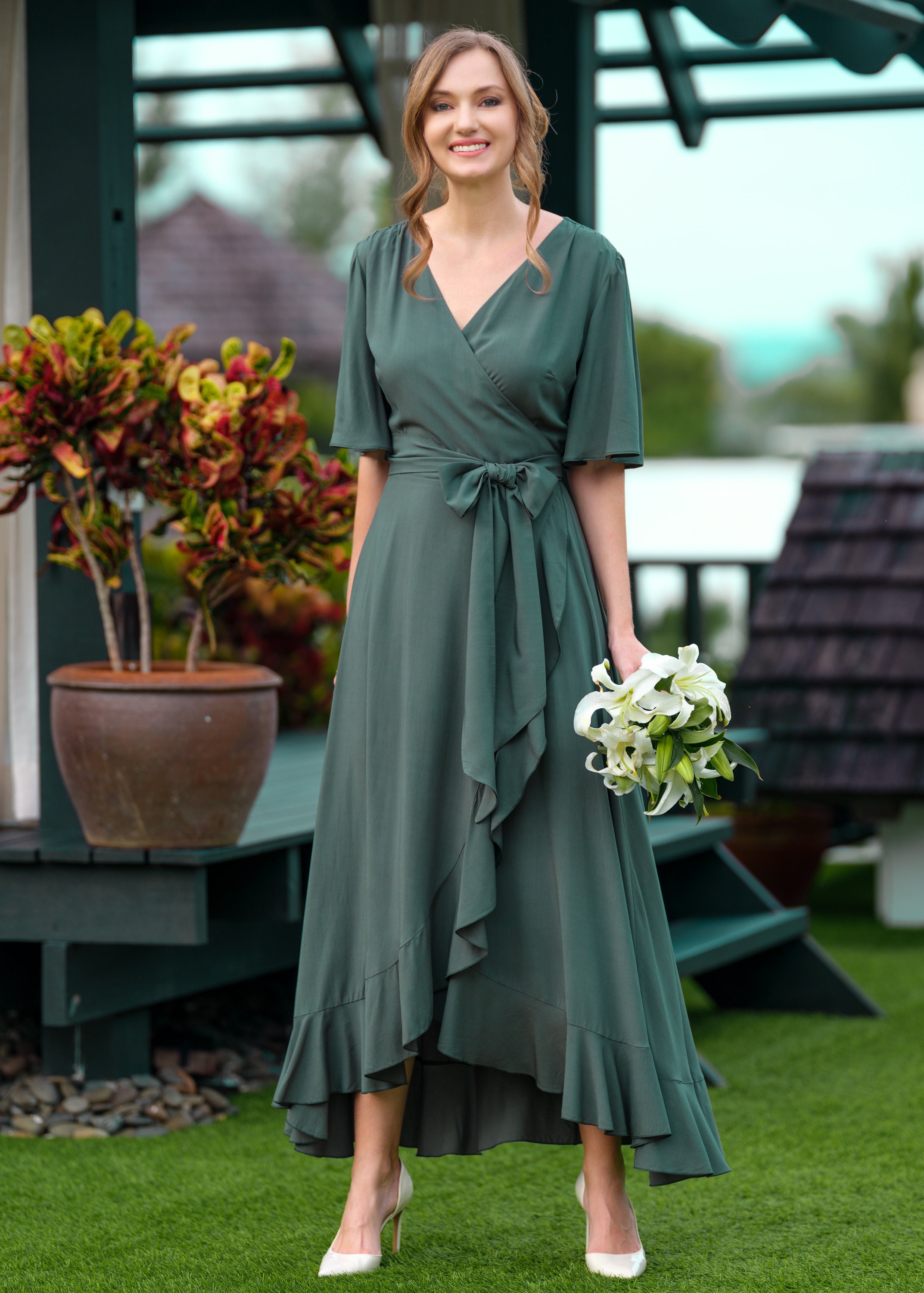 dark green wrap dress romantic dress, bridesmaids dress, maxi dress, long dress, wedding guest dress, formal dress, evening summer Its muted green tone complements natural landscapes Baltic Born Womens Katelyn Velvet