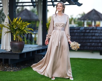 Champagne Beige Silk Dress With Belt, Long Slit Dress, Bridesmaid