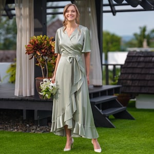 Silk dress in moss green, wrap dress, bridesmaid dress, wedding guest dress, women dress, maxi dress, evening dress, bridesmaid gift