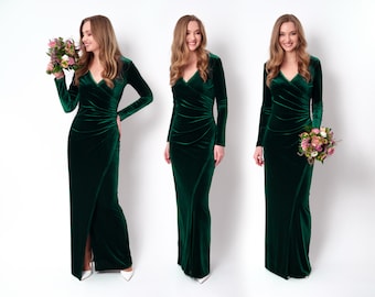 Velvet Long Dress, Emerald Green with long sleeves: fall and winter special occasion, Christmas, plus size