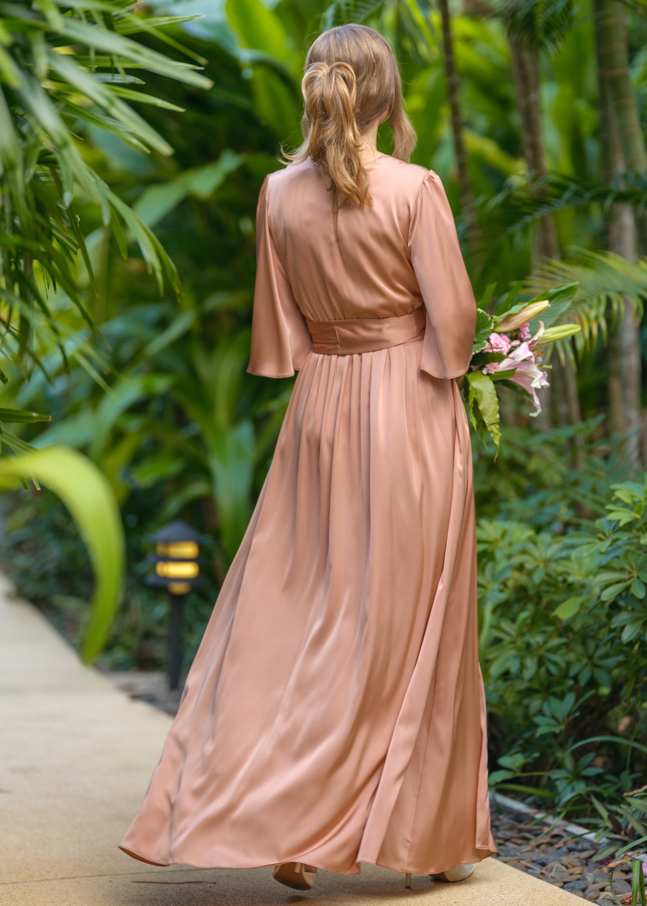 Silk dress in rose gold with belt, long slit dress, bridesmaid dress, wedding guest dress, maxi dress, evening dress, Silk bridesmaid