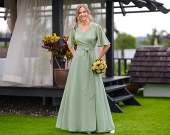 Sage green chiffon bridesmaid dress, wedding guest dress, bridesmaids dress, chiffon long wrap dress, evening dress, formal chiffon dress