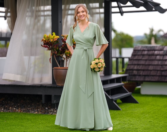 princess polly baby blue dress Sage Green Bridesmaid Dress Short Dusty Sage Green Bridesmaid Dresses Chic  Bateau Neckline Ruffle Short Sleeves Sheath/Column Chiffon Bridesmaid Dress  with Slit Green Bridesmaid Dresses main image 1