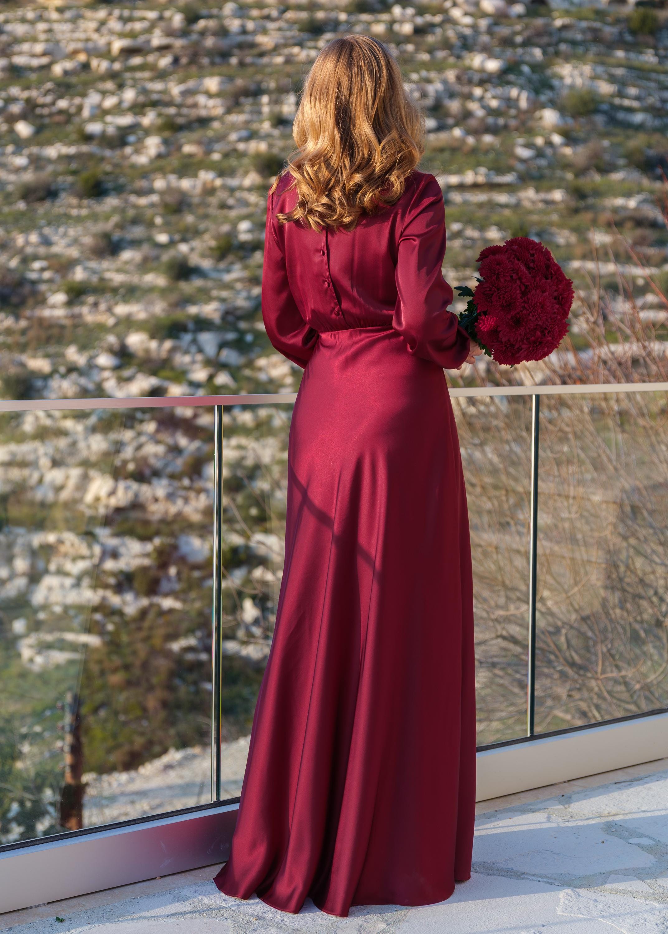 Burgundy Silk Long Dress - Long Sleeve Satin Gown | Formal Wedding Guest,  Bridesmaids, Holiday or Evening Wear - Etsy