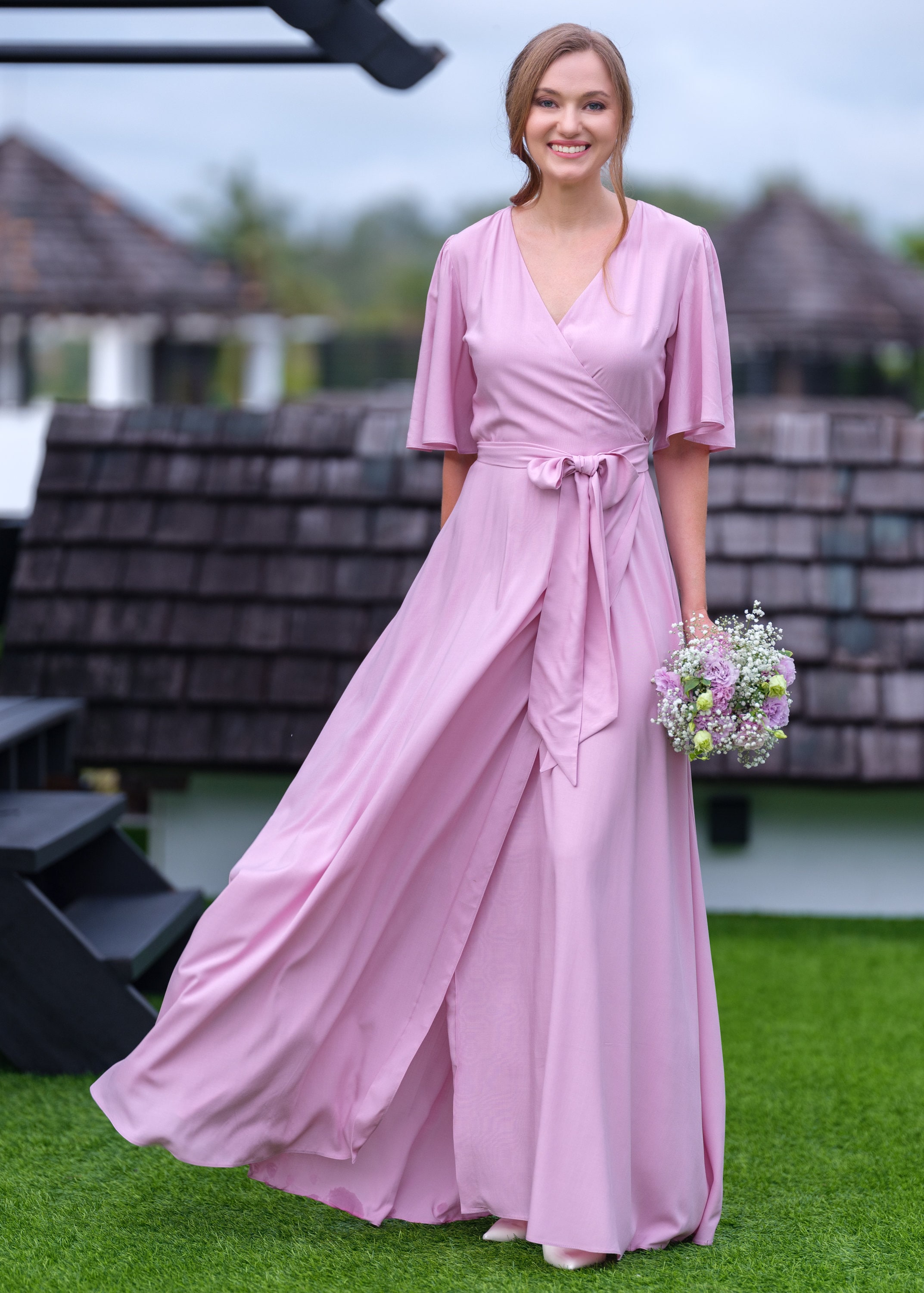pink wrap around dress Out Of Your League Wrap Dress