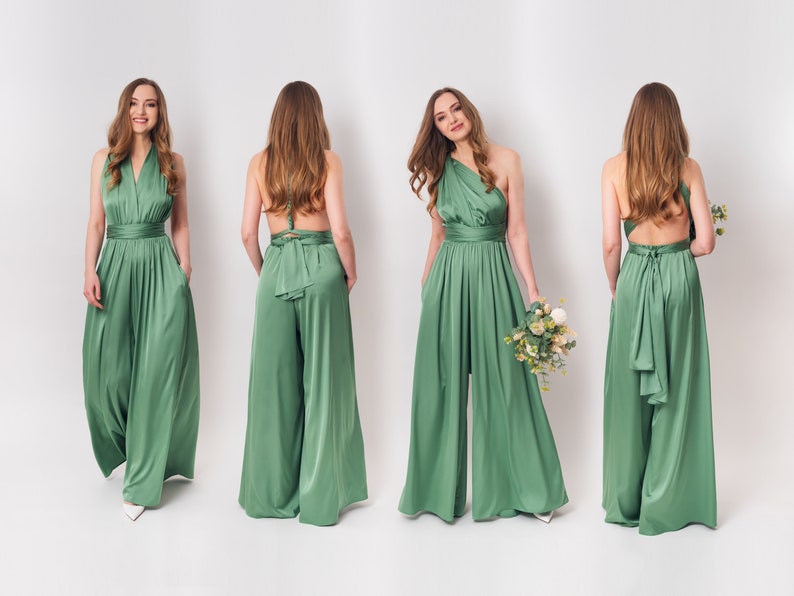 Dark green infinity jumpsuit, silk jumpsuit, bridesmaid jumpsuit, multi wrap multiway convertible jumpsuit, bridesmaid dress image 10