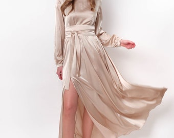 Vestido de seda beige champán con cinturón, vestido largo con