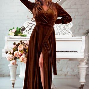 Rust Brown Velvet Wrap Robe: Long Sleeve Luxury Dressing Gown with Pockets and Waist Tie image 8