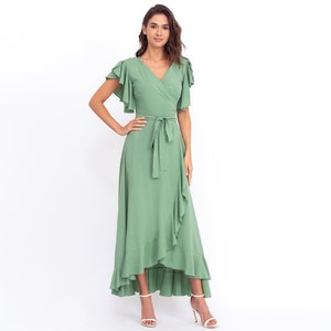 Sage green romantic wrap around dress, maxi dress, long dress, wedding guest dress, formal short sleeve dress, evening dress, elegant dress