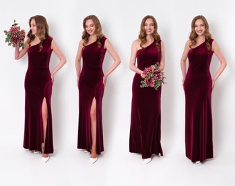 Plum burgundy velvet long dress, one shoulder dress, slit velvet dress, bridesmaid velvet dress, wedding guest dress, evening dress