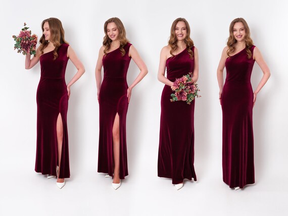Robe longue en velours bordeaux prune robe asymetrique robe en velours fendue robe en velours de demoiselle d honneur robe d invite de mariage robe de soiree Etsy France