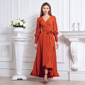 Rust orange long wrap dress, bridesmaid dress, cocktail dress, wedding guest dress, maxi party dress, formal dress, prom dress 画像 1