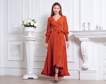 Rust orange long wrap dress, bridesmaid dress, cocktail dress, wedding guest dress, maxi party dress, formal dress, prom dress