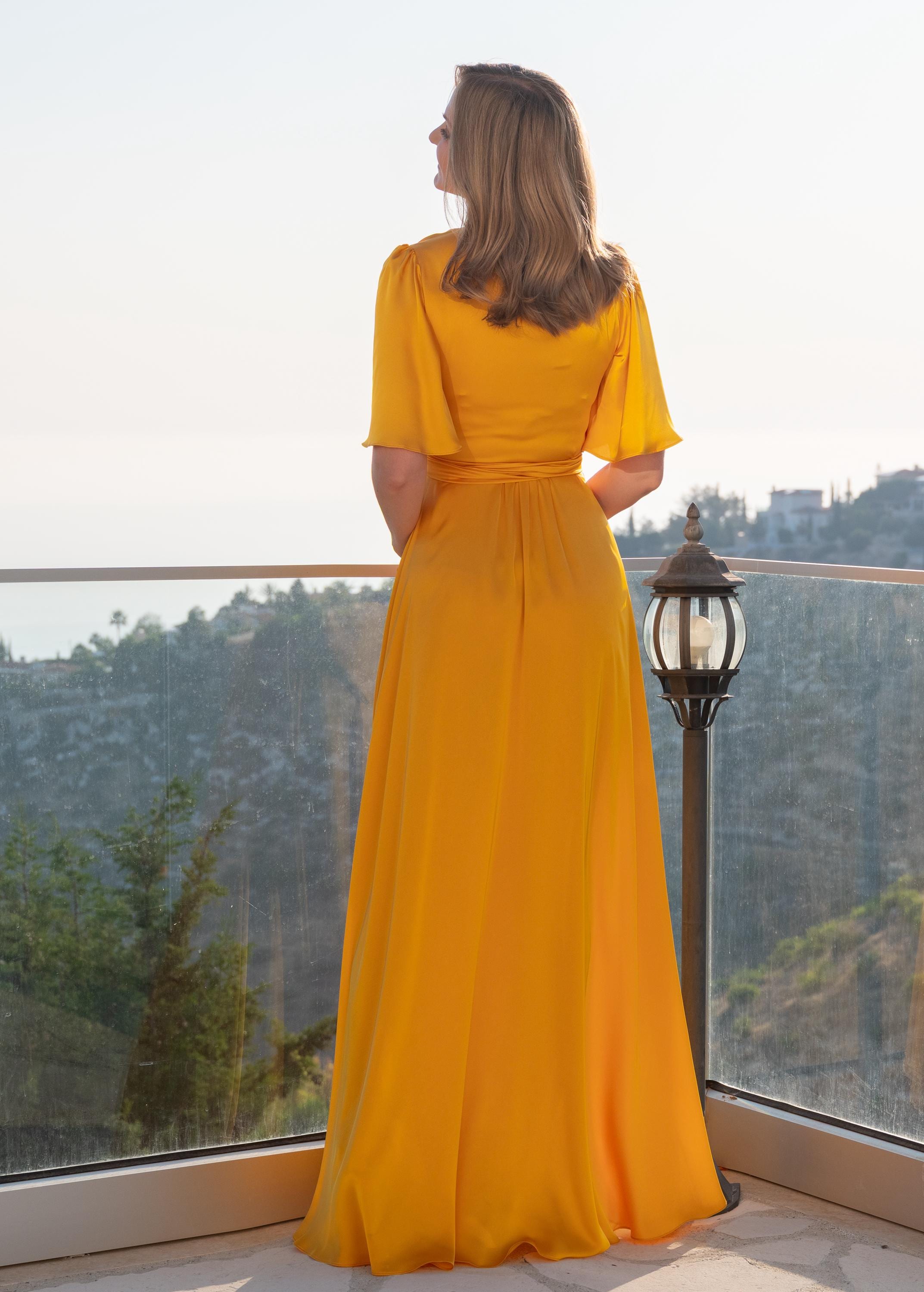 Sunflower Yellow Silk Satin Wrap Dress | Custom Gown for weddings, bridesmaids & special occasions Sunflower Yellow Silk Satin Wrap Dress | Custom Gown for weddings, bridesmaids & special occasions