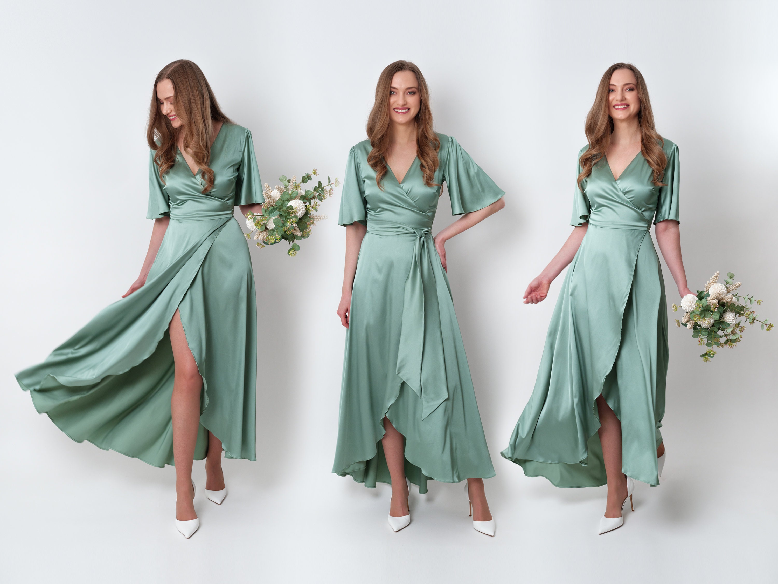 Satin Khaki Green Dress For Wedding Guest Silk Dress In Sage Green, Wrap  Dress, Bridesmaid Dress, Wedding Guest Dress, Women Dress, Maxi Dress,  Evening Dress, Long Dress, Plus Size Israel