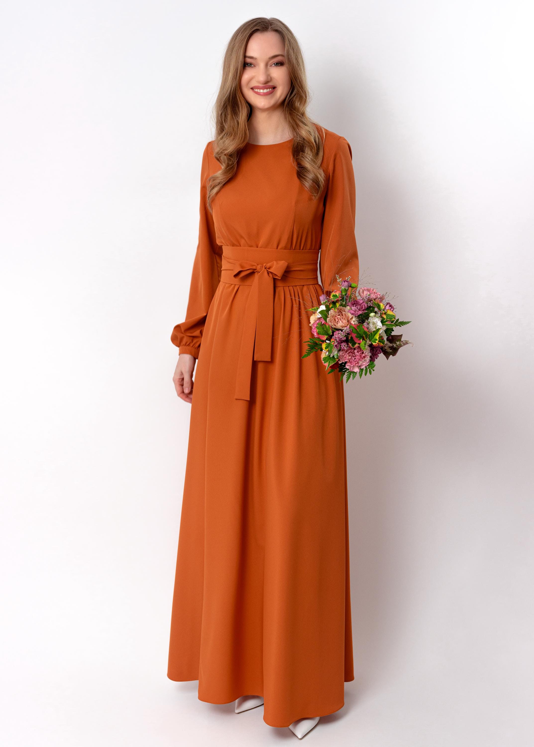 orange maxi dress with belt Rust Orange Long Sleeve Maxi Dress With Belt: Autumn Inspired Full Length  Gown