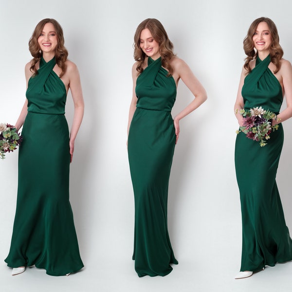 Dark green silk long halter dress, bridesmaid dress, wedding guest dress, evening dress, open back dress, bridal party attire, long dress