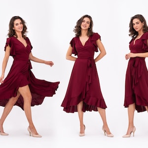 Burgundy dress, silk dress, wrap dress, bridesmaid dress, wedding guest dress, women dress, maxi dress, evening dress, long dress