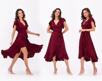 Burgundy dress, silk dress, wrap dress, bridesmaid dress, wedding guest dress, women dress, maxi dress, evening dress, long dress