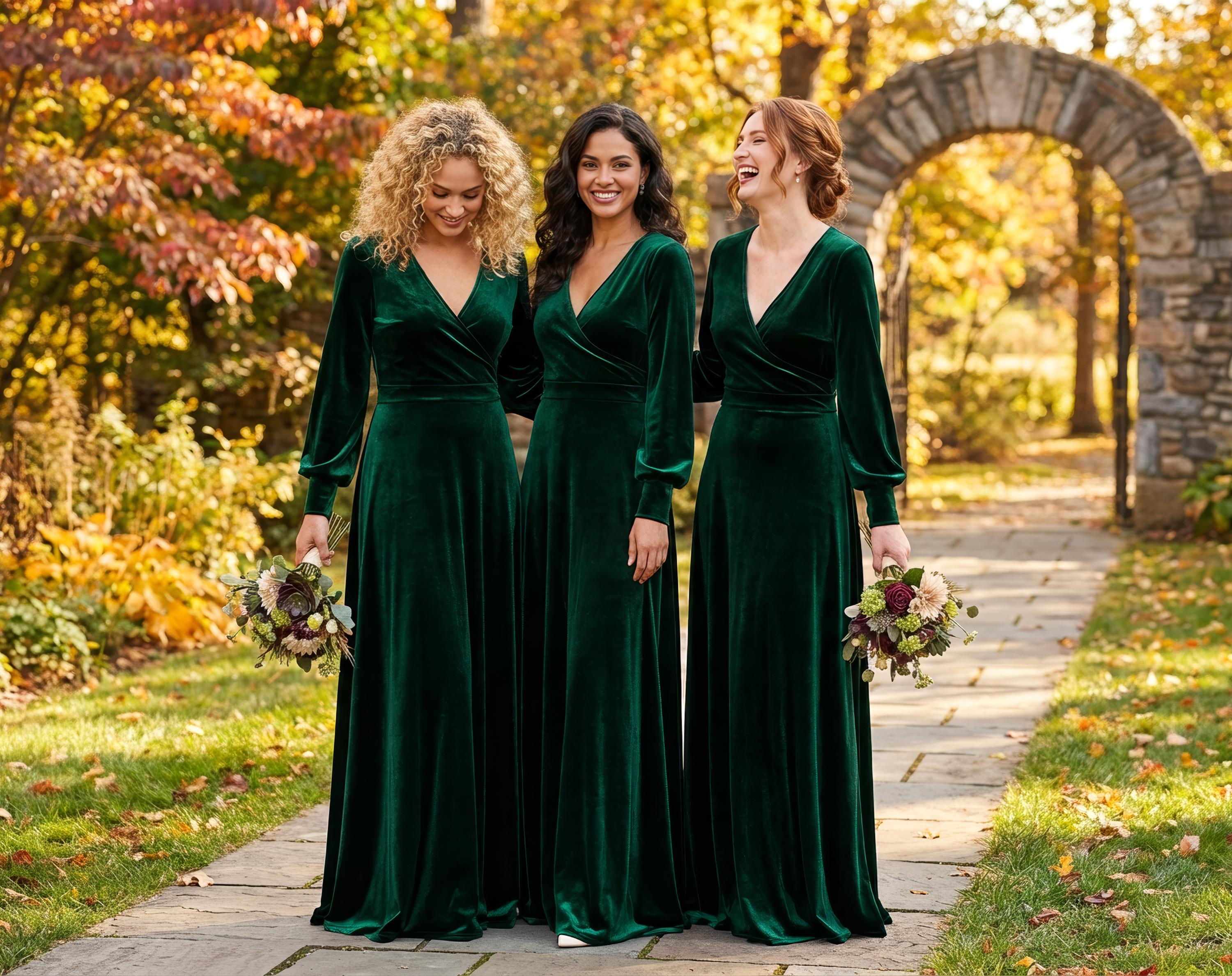 Emerald Green Velvet Maxi Dress: Elegant Long Sleeve Gown, Fall Wedding Guest, Modest Bridesmaid