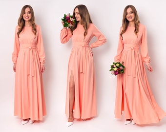 Blush pink long slit dress with belt, bridesmaid dress, cocktail dress, wedding guest dress, maxi party dress, formal dress, prom dress