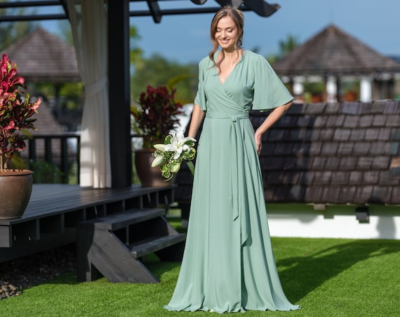 Sage green romantic wrap dress, bridesmaids dress, maxi dress, long dress, wedding guest dress, formal dress, evening summer dress